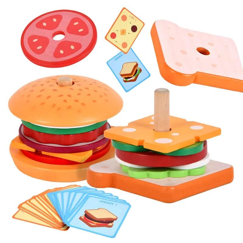 Children's Wooden Simulation Fast Food Burger Fries Sandwich Toy Kitchen Playset Assembly Educational Food Cutting Toy