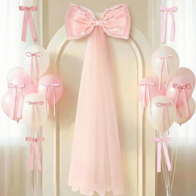 16Pcs/Set Large Bow Kit Giant Pink White Bow with Mini Bows DIY Satin Tulle Bow Wedding Bridal Baby Shower Birthday Party Wall Hanging Decoration