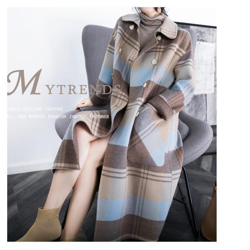Tooxika Plaid Woolen Coat Winter New Style Over Knee Double-breasted Large Pockets Loose Mid-length Coat