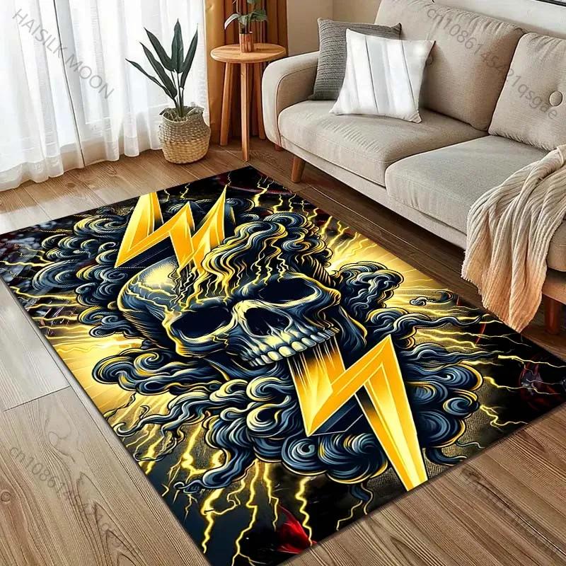3D Printing Golden Lightning and Skull Pattern Carpet for Bedroom Living Room Bedside Sofa Floor Mat Modern Home Decor Paly Rug