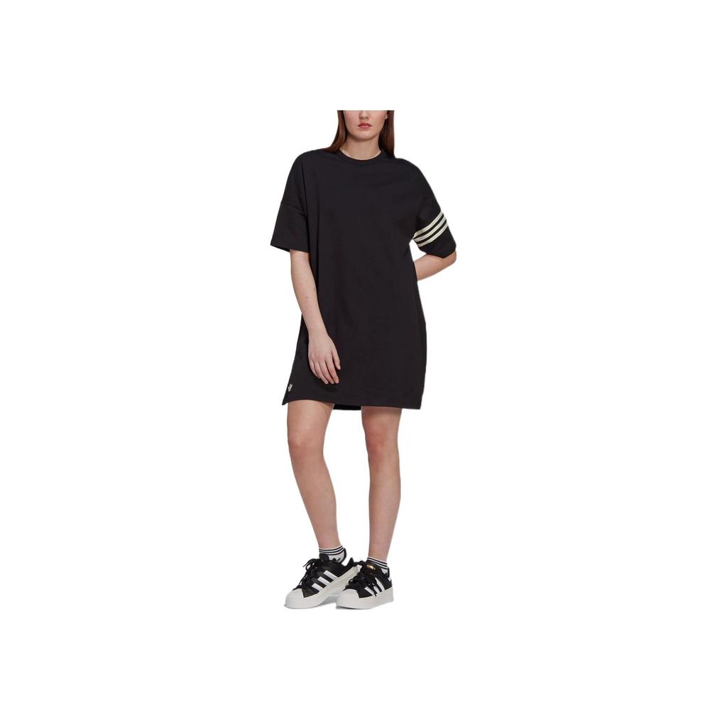 Adidas Originals Trefoil Striped Crew Neck Straight Cut Short Sleeve Dress Women Dress Black HM1773