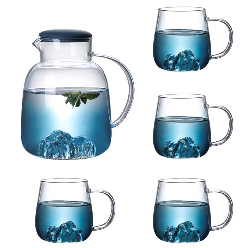 1800ml Glass Cold Water Bottle With Handle Fruit Tea Mug Kettle Mountain Design High Temperature Heatable Fine Jug Gradient Color for Home