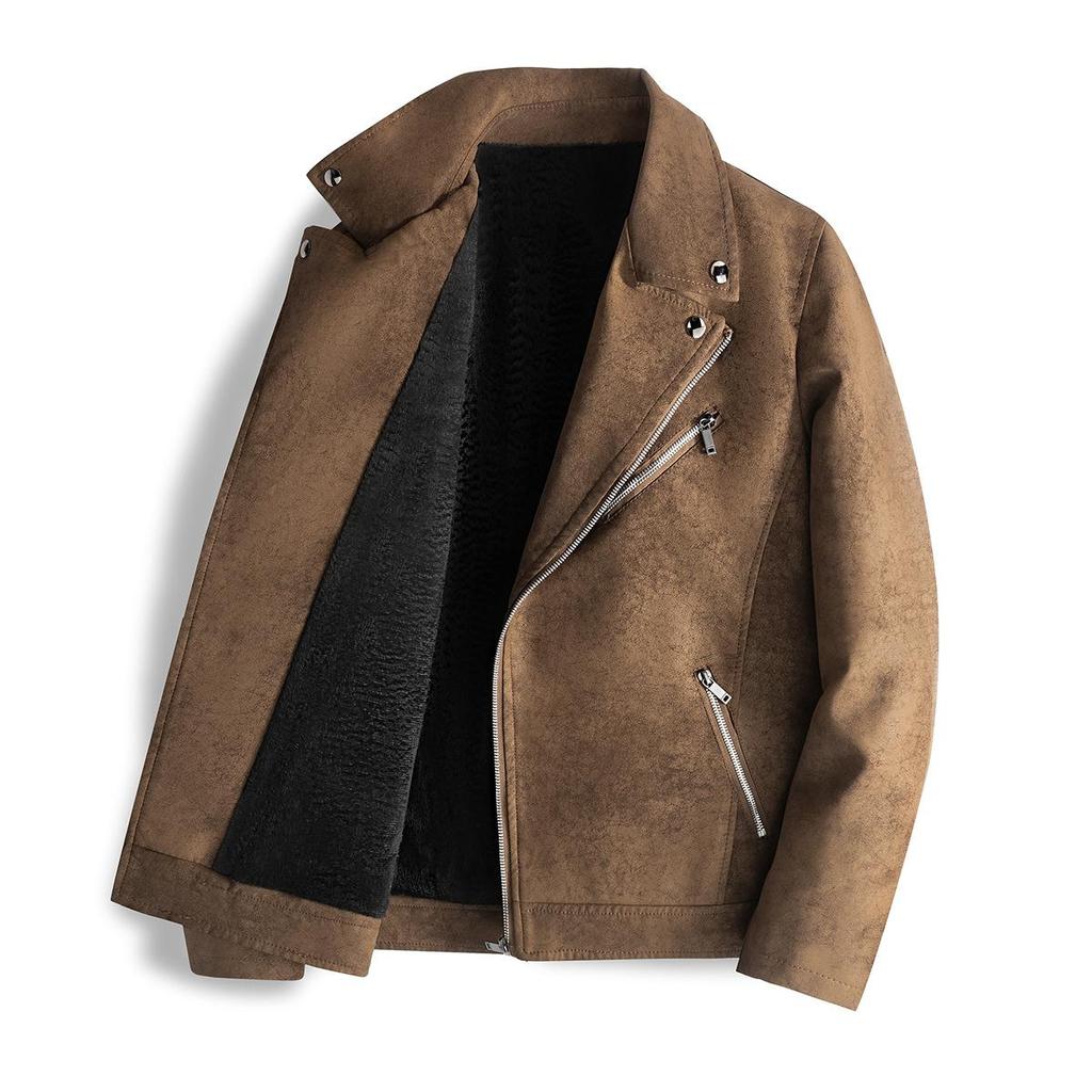 Retro Trendy Brand Leather Men's Jacket Autumn and Winter Solid Color Versatile Blue Popular Lapel Diagonal Zipper Slim Fit