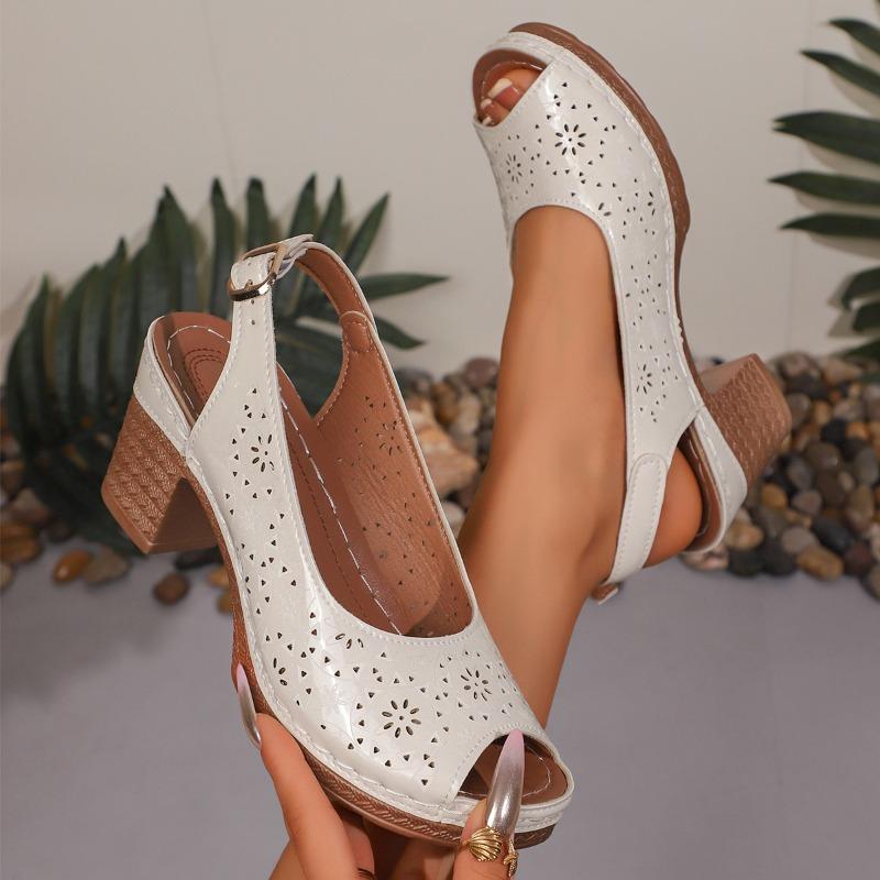 Damenschuhe Sandalen Sommer Vielseitig Peep-Toe Knöchelriemen Klobiger Absatz.
