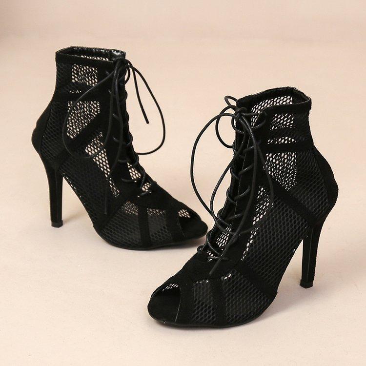 Foreign Trade 2025 Summer New Large Size European and American Mesh Cool Boots Roman Sexy Lace-up Fish Mouth High Heels
