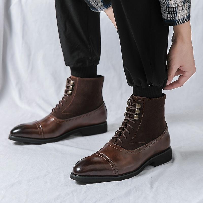 New Brand Designer Winter High Tops Pointed Patent Leather Brogues Ankle Boots For Men's Flats Black Brown Oxford Shoes
