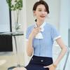 Tromen Women's Blue Stripe Short Sleeve Bow Tie Blouse