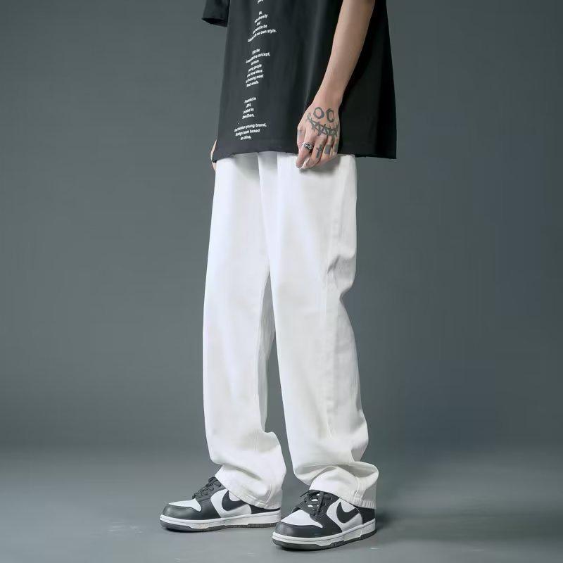 Trendy Men's White Hong Kong Style Straight & Wide Leg Cropped Jeans
