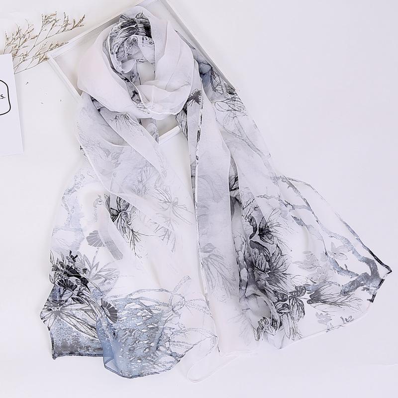 Summer Women White Black Series Thin Soft Chiffon Beach Silky Georgette Scarf Shawls 160Cm Long Wraps Beach Sunscreen Hijab