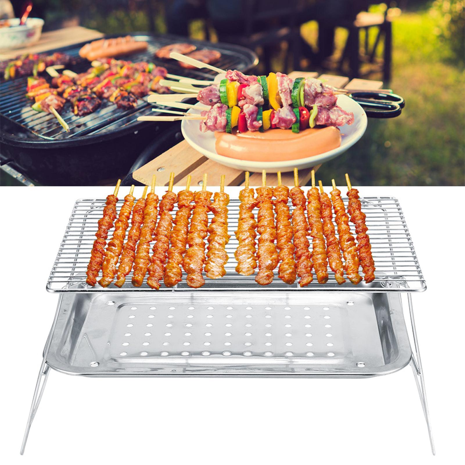 Набор из 3 предметов Портативный складной гриль-барбекю из нержавеющей стали Решетка для жарки Барбекю Поддон Набор зажимов