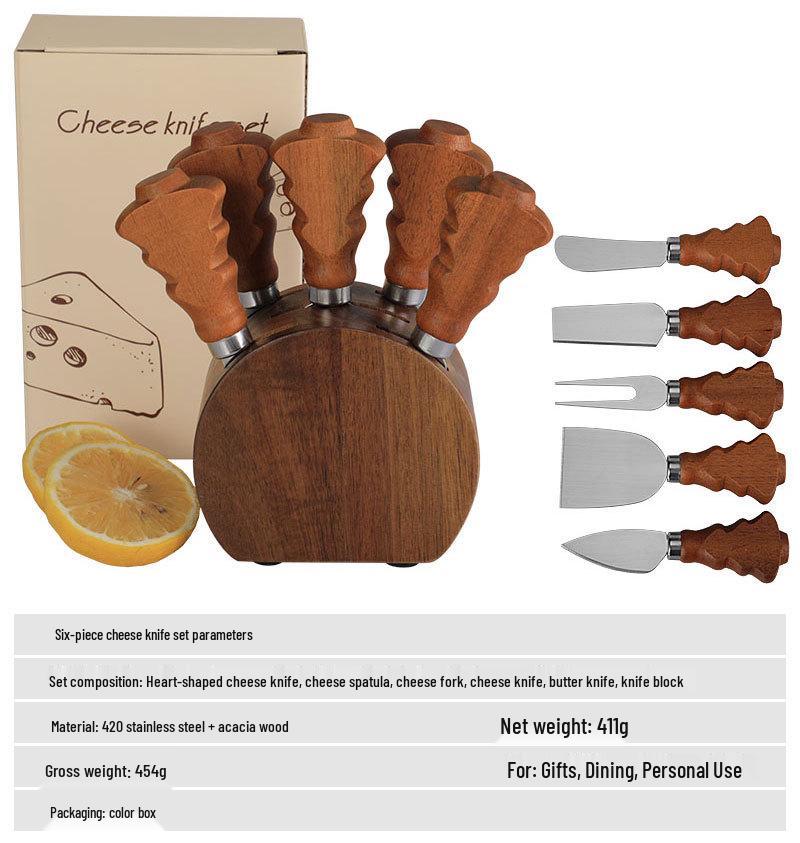 Akazienholz Weihnachtsbaum Käsemesser & Gabel Set mit Holzsockel - 6-teiliges Set