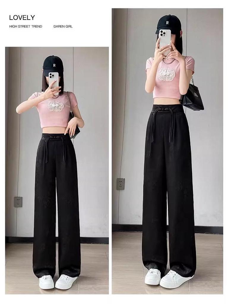Women's Satin Jacquard Straight Leg Pants - Summer, High-End, Thin, New Chinese Style, Ice Silk, Narrow, Wide Leg.