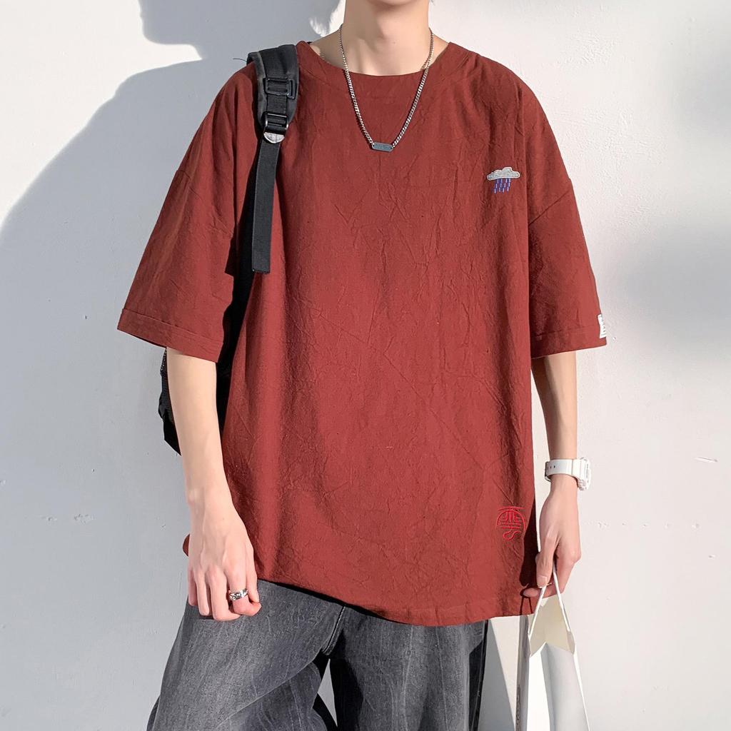 Men's Summer Cotton-Linen Short-Sleeve Chinese Style Embroidered Casual T-Shirt