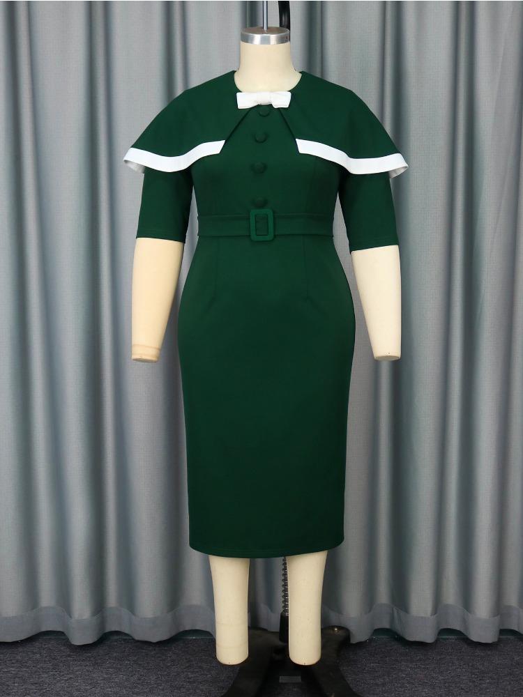 Elegancka Sukienka Midi Bodycon dla Kobiet z Kontrastowym Wykończeniem, Pelerynkowymi Rękawami i Paskiem w Talii, Styl Vintage, Strój Formalny dla Gościa na Ślub Kościelny