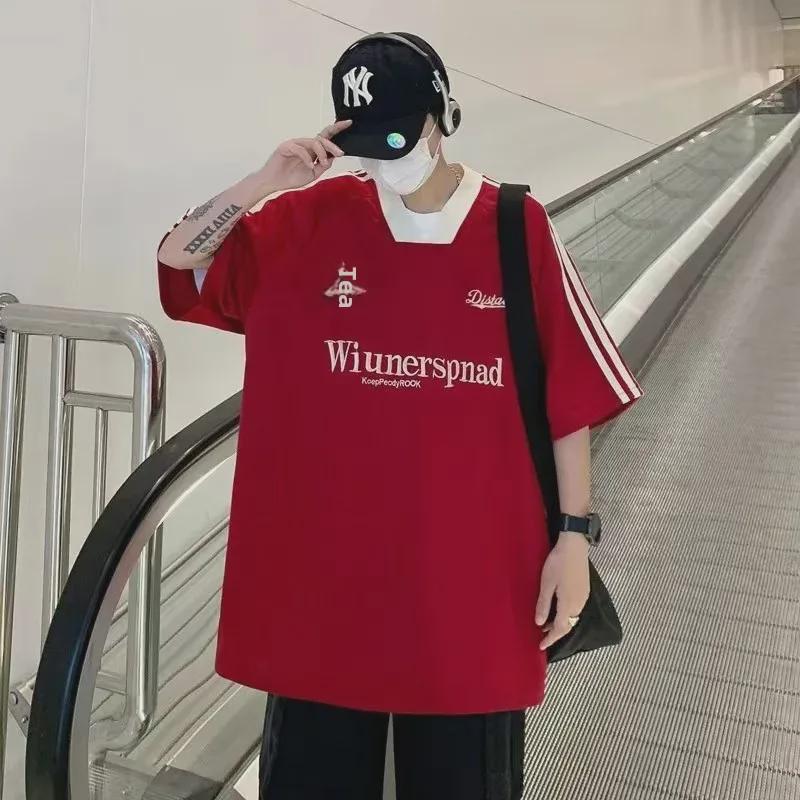 Unisex Retro V-Neck Embroidered Colorblock Half-Sleeve T-Shirt