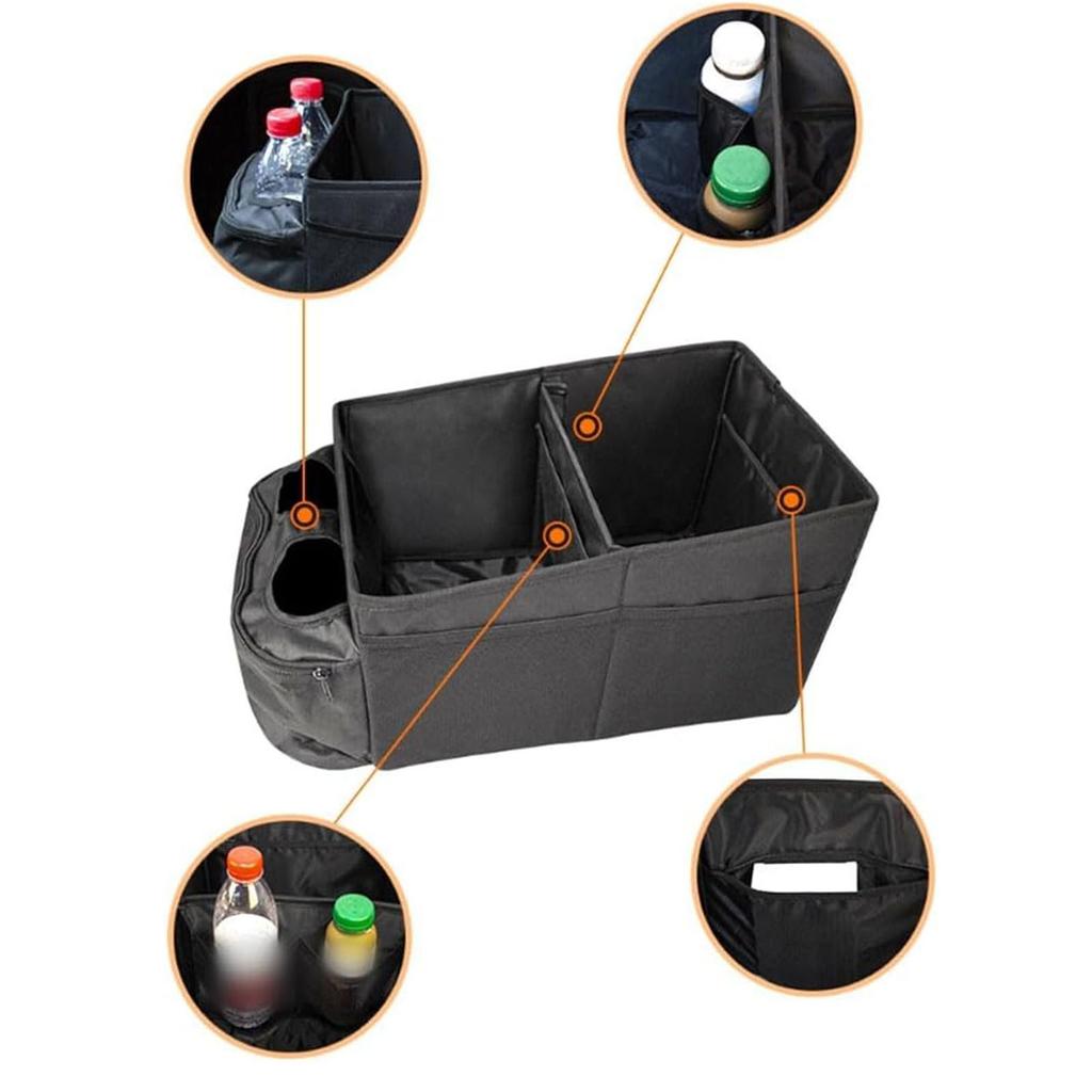 Car Storage Box With Dividers And Cup Holders For Front Or Rear Seats, Foldable Design For Easy Storage And Improved Vehicle Organization