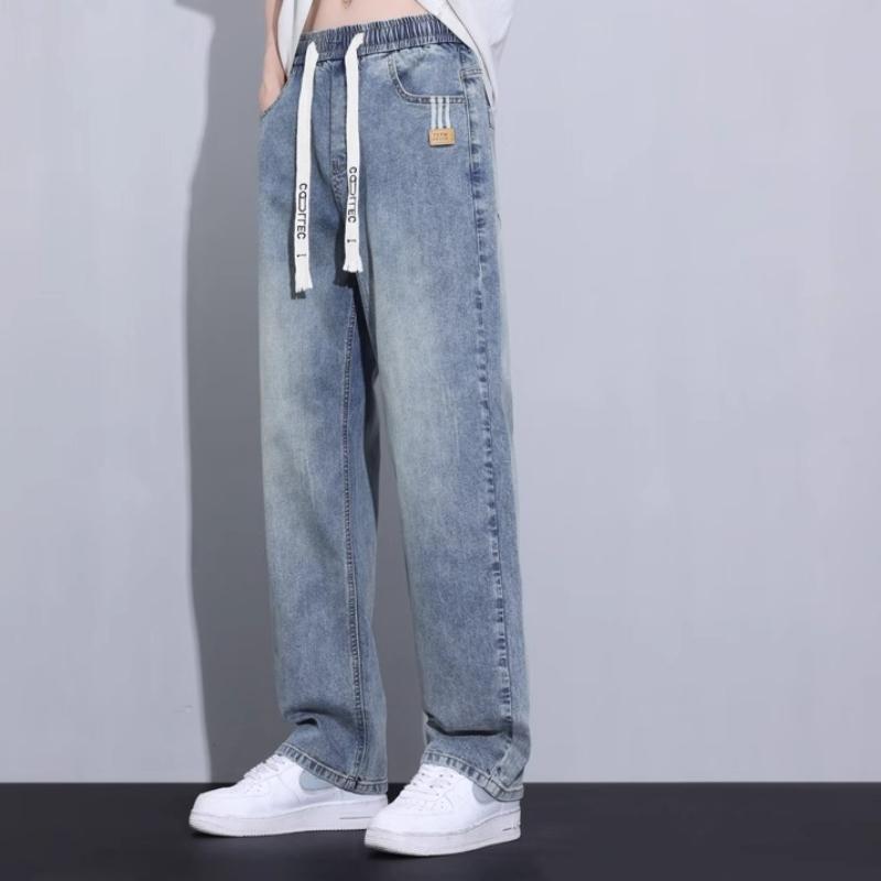 Men's Thin Loose Straight-Leg Jeans for Autumn, Trendy Brand Casual Long Pants for Boys Loose Fit Drawstring Jeans Men's