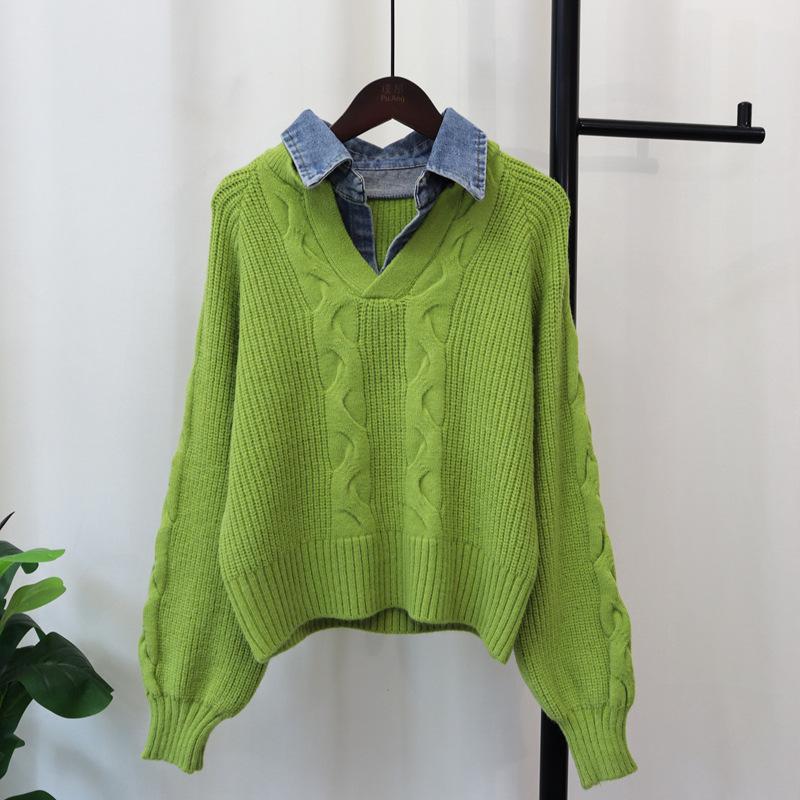 

Осень и зима новый сращенный джинсовый вязаный свитер топ в стиле ретро твист свободный свитер пуловер женский one size fits all зелёный