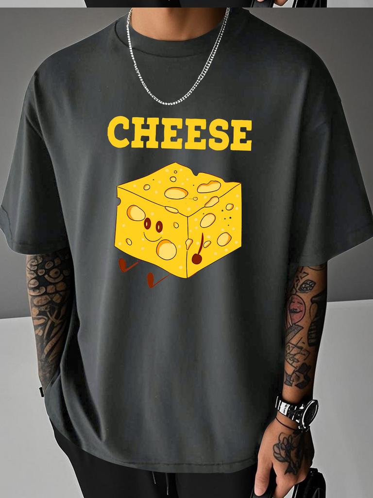 Unisex Summer Casual Short Sleeve T Shirt Cartoon Cheese Block CHEESE Letter Print Oversized Loose Street Daily Fashion Tops