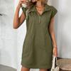 Women’s Casual Short Sleeve Stand Collar Zip Front Pocket Loose Fit Straight Dress with Pattern for Everyday Wear