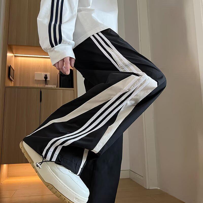 2025 Men's Loose Straight-Leg Casual Trousers - American Street Style with Three Stripes for Spring/Autumn