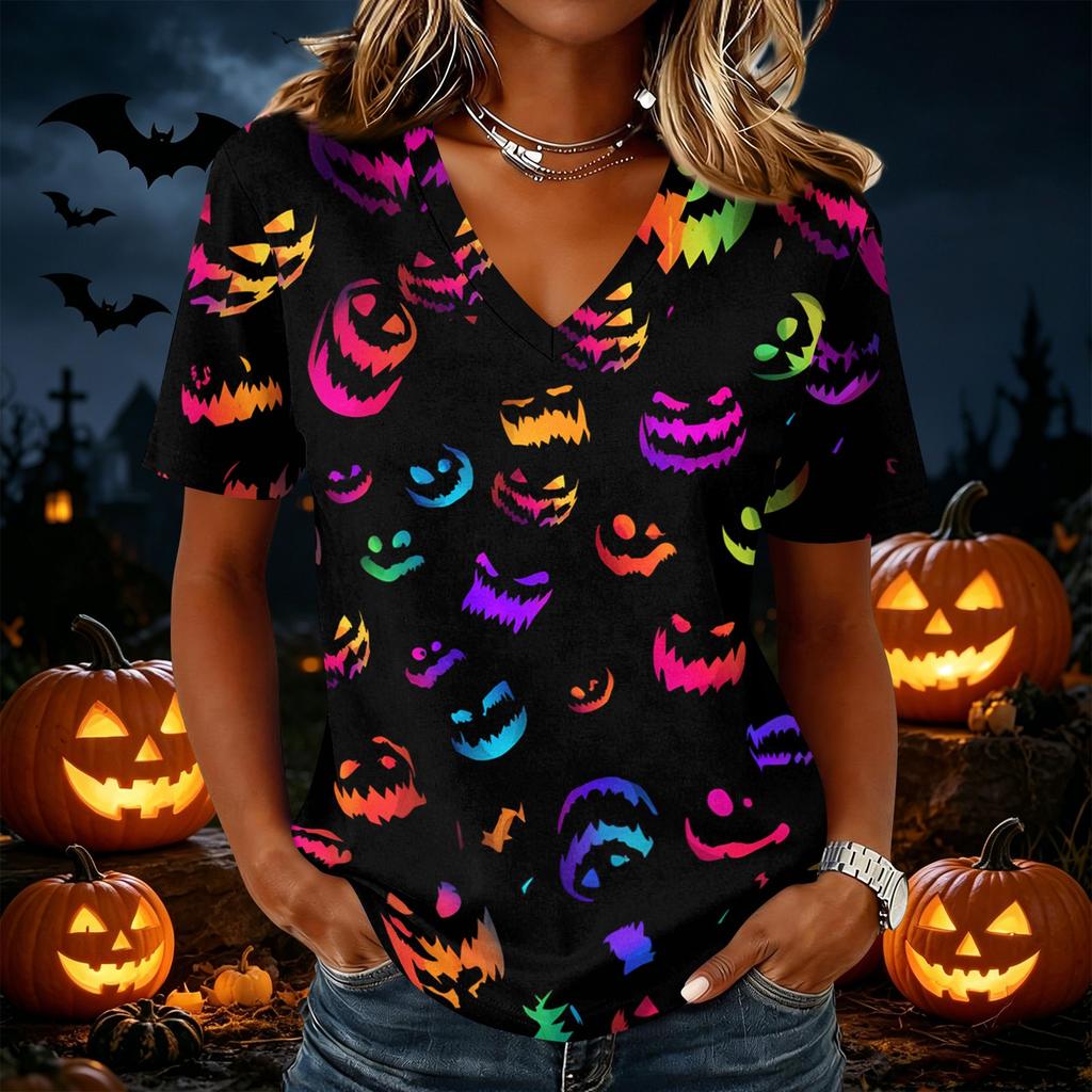 Women's Casual V Neck Pullover Top Halloween Themed Graphic Print Short Sleeve T Shirt Lightweight Comfortable Fit