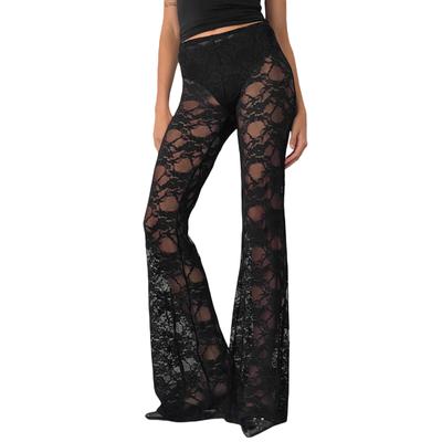 Women 's Gothic Flare Pants Sheer Lace Leggings High Waist Bell-Bottoms Trousers Streetwear