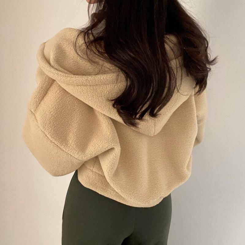 Autumn Winter Loose Casual Lamb Fleece Pullover Hooded Sweatshirt Women Solid Color Warm Zipper Hoodies Outwear Top