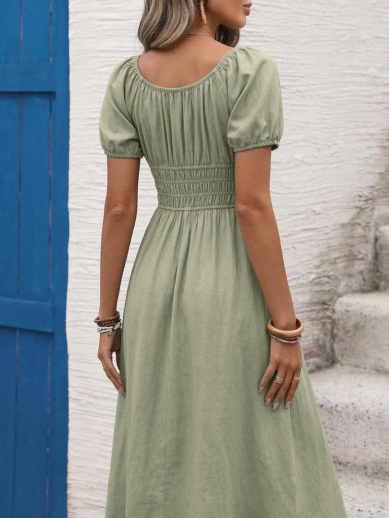 2026 Spring/Summer Elegant French Square Neck Puff Sleeve Long Dress for Women