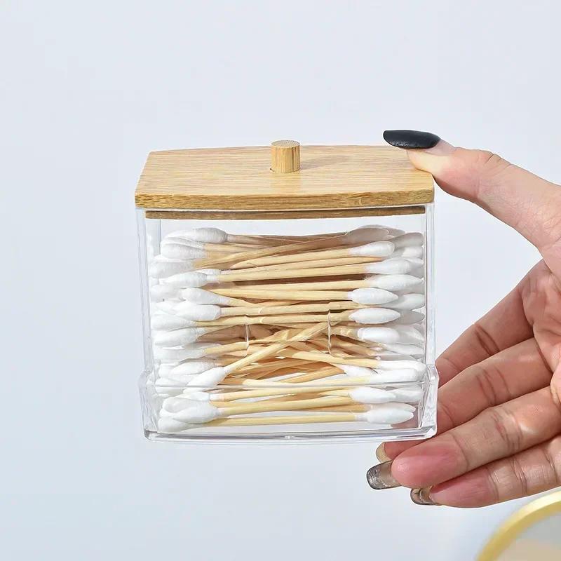 1Pcs Cotton Swab Holder, Cotton Swab Dispenser with Bamboo Lids,Bamboo Bathroom Storage Jars Storage Containers Clear Plastic