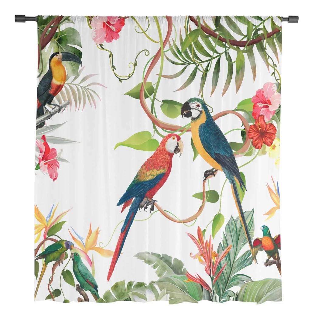 Tropical Leaves Parrot Flowers Sheer Drapes for Living Room Decoration Window Curtains Kitchen Curtains