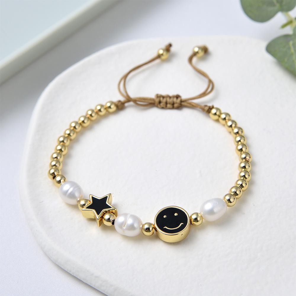 Colorful Drip Oil Smiley Star Beaded Bracelet with Natural Freshwater Pearls