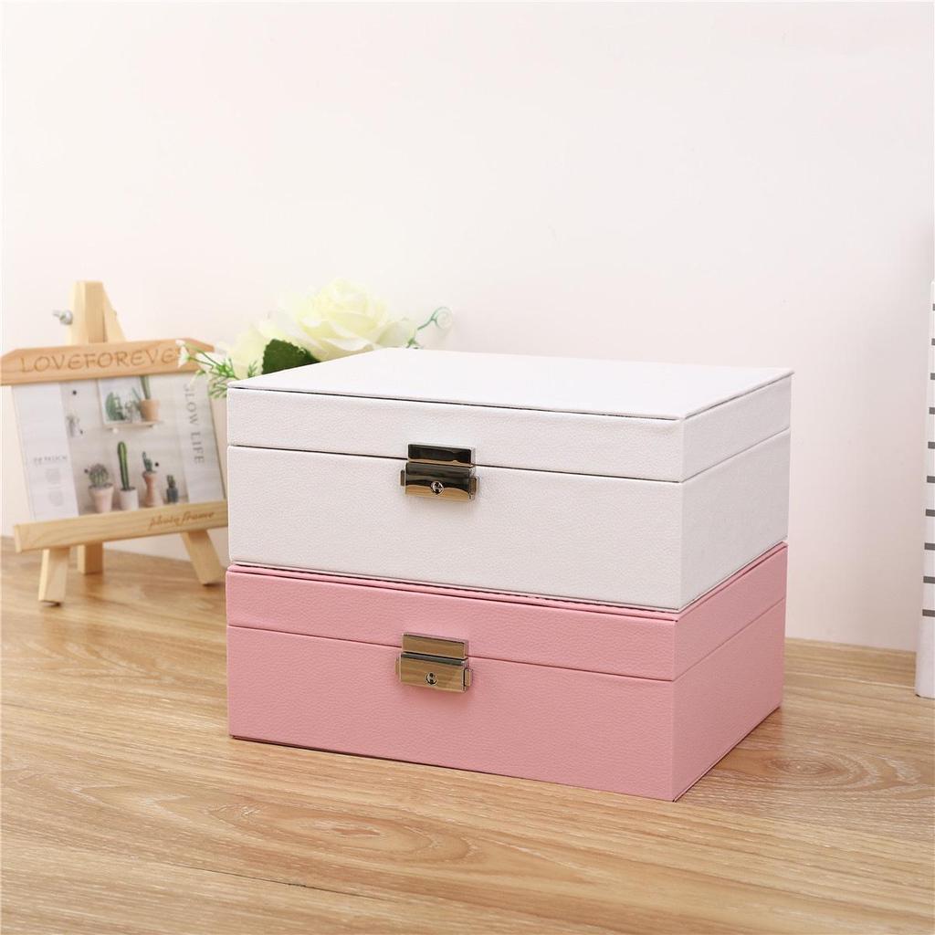 Elegant Double-Layer Jewelry Storage Box with Lock, Wooden & PU Leather Finish