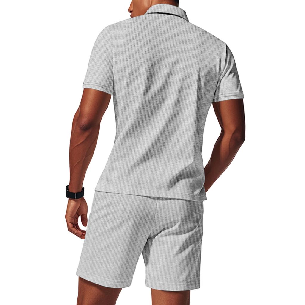 Men's  Sports  Leisure  Half  Zipper  Short  Sleeves  Shirt   And  Pull  Rope  Shorts  Set