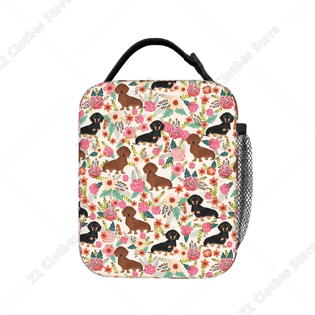 Dachshund Florals Dog Lunch Bag Vintage School Lunch Box Graphic Portable Zipper Thermal Tote Handbags