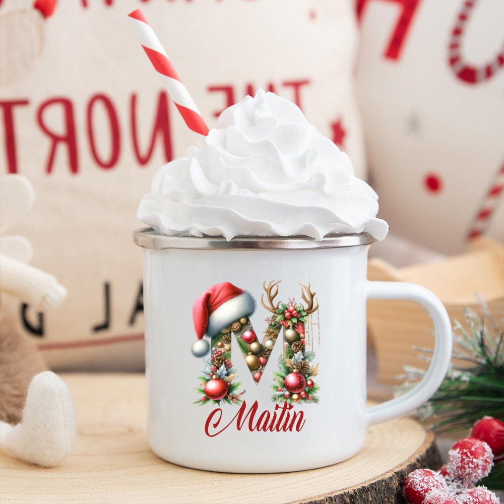 Personalisierte Tasse mit individuellem Namen 26 Buchstaben Emaille Weihnachtsbecher, Geschenk für sie, Weihnachts-Kaffeetasse, Frohe Weihnachten Geschenk