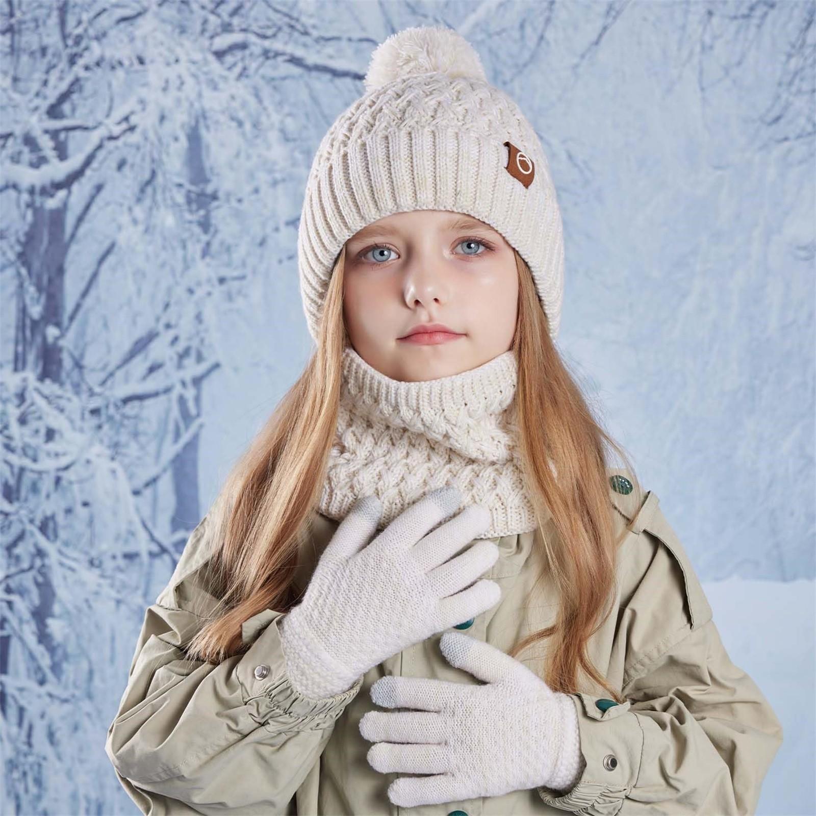 

Детский зимний комплект из шапки, перчаток, шарфа, для девочек и мальчиков, комплект из помпонов, шапок, перчаток, вязаный комплект с толстой флисовой подкладкой для 4-10 детей One Size бежевый