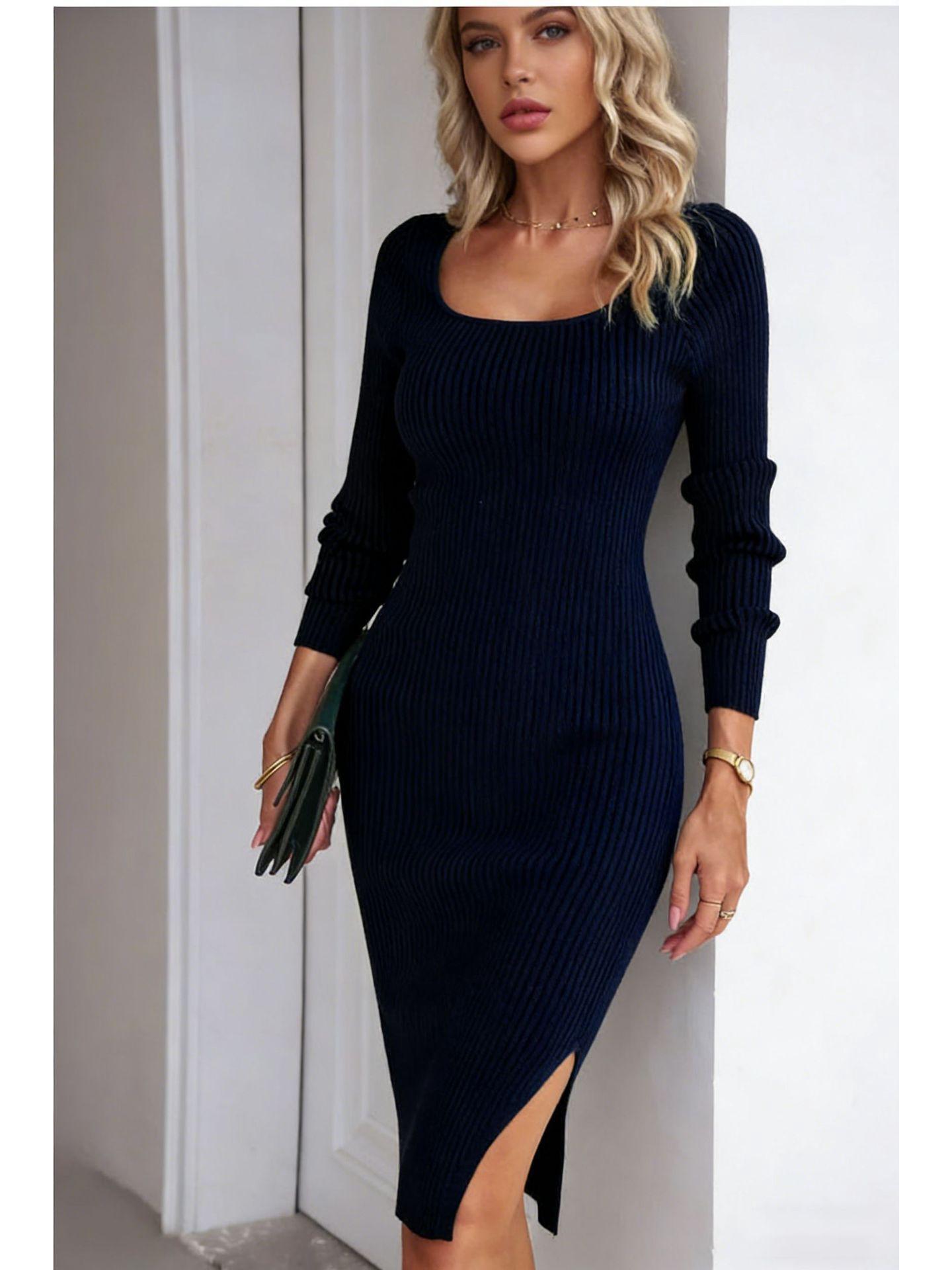 

Elegant Slim Fit Long Sleeve Knit Dress with Slit - Spring & Autumn Collection XXL темно-синього кольору