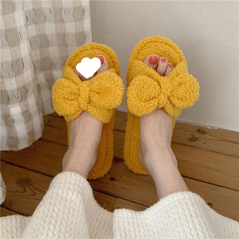 Hausschuhe Herbst Mädchen Herz Schleife Plüsch Damen Herbst und Winter Zuhause Indoor Rutschfest Weiche Sohle Niedlich Ein-Wort Baumwollhausschuhe