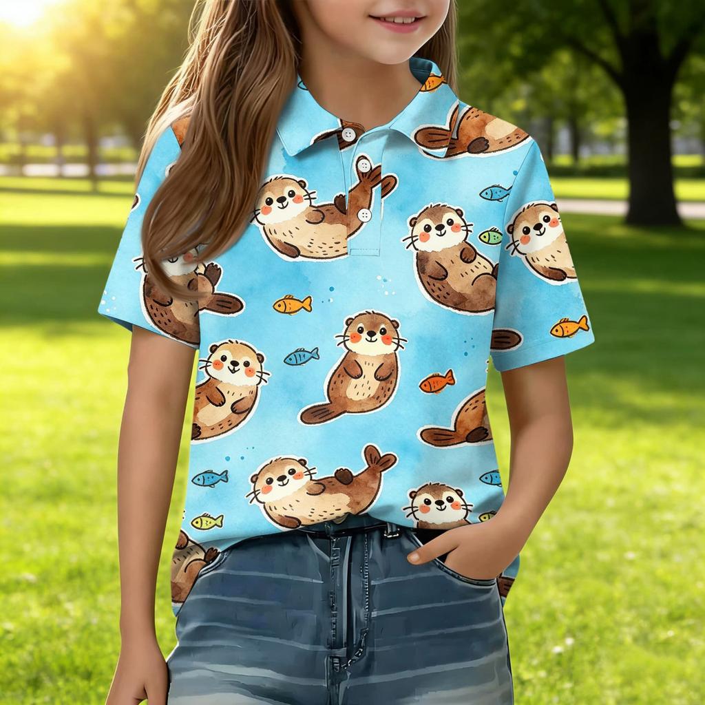 Kids Short Sleeve Polo Shirt Animal Print Casual Top Button Down Collar Lightweight Summer Tee for Boys Girls