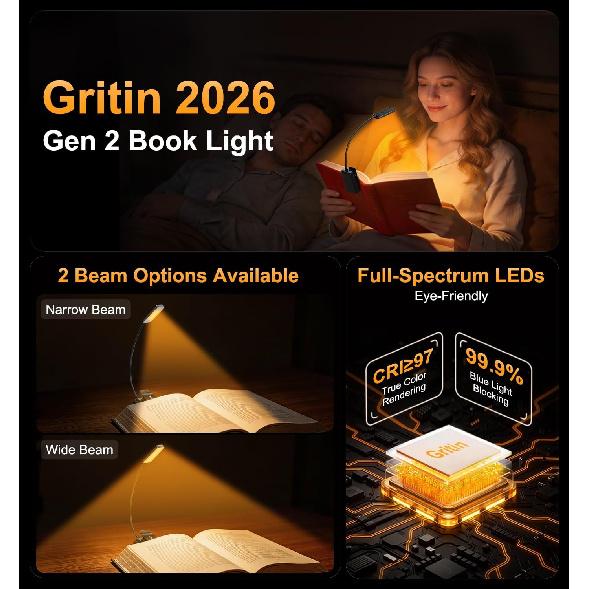 Gritin 2026 Gen 2 Book Light for Reading- 30 Eye Caring Full Spectrum LED | 5 Colors & 5 Brightness, Adjustable Wide/Narrow Beam, Upgrade 1500mAh
