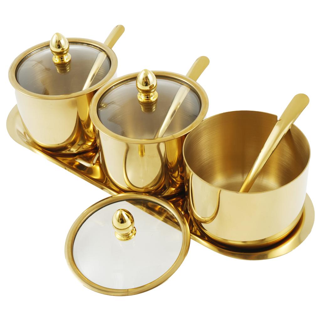 Stainless Steel Seasoning Box, Set of 2 Seasoning Storage Container with Spoon Gold Seasoning Rack Spice Pots for Pepper Spice