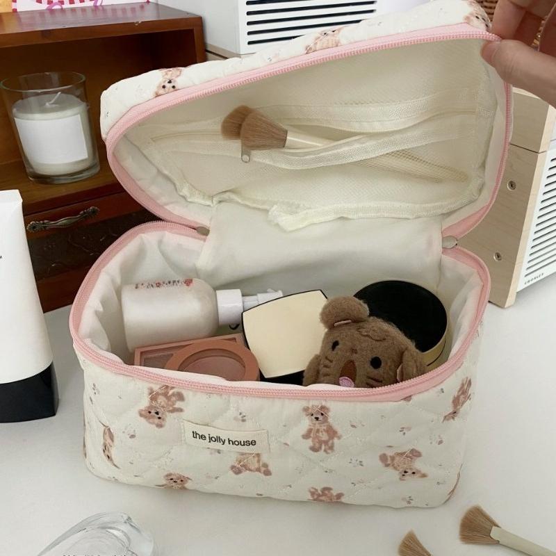 Cute Bow Cotton Cloth Makeup Bag Women Zipper Cosmetic Organizer Female Handbag Box Shape Portable Toiletry Case for Girls