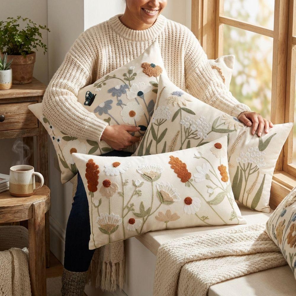 Pastoral Floral Tufted Throw Pillow Cover Canvas Throw Pillowcase  Home Decor