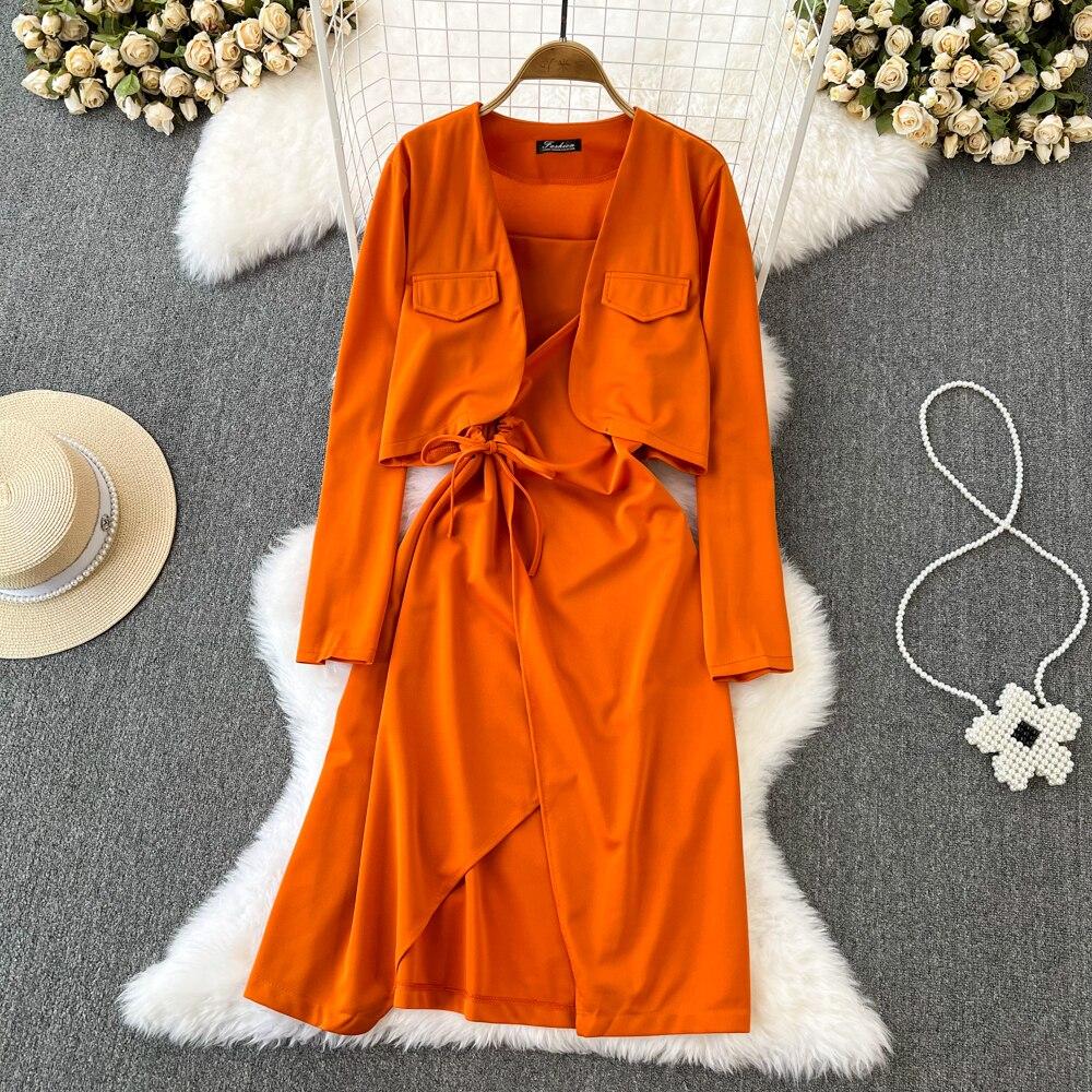 Fashion Suit Female Casual High Waist Short Solid Color Suit Jacket Two-Piece Set Halter Slit Pull Rope Dress Autumn