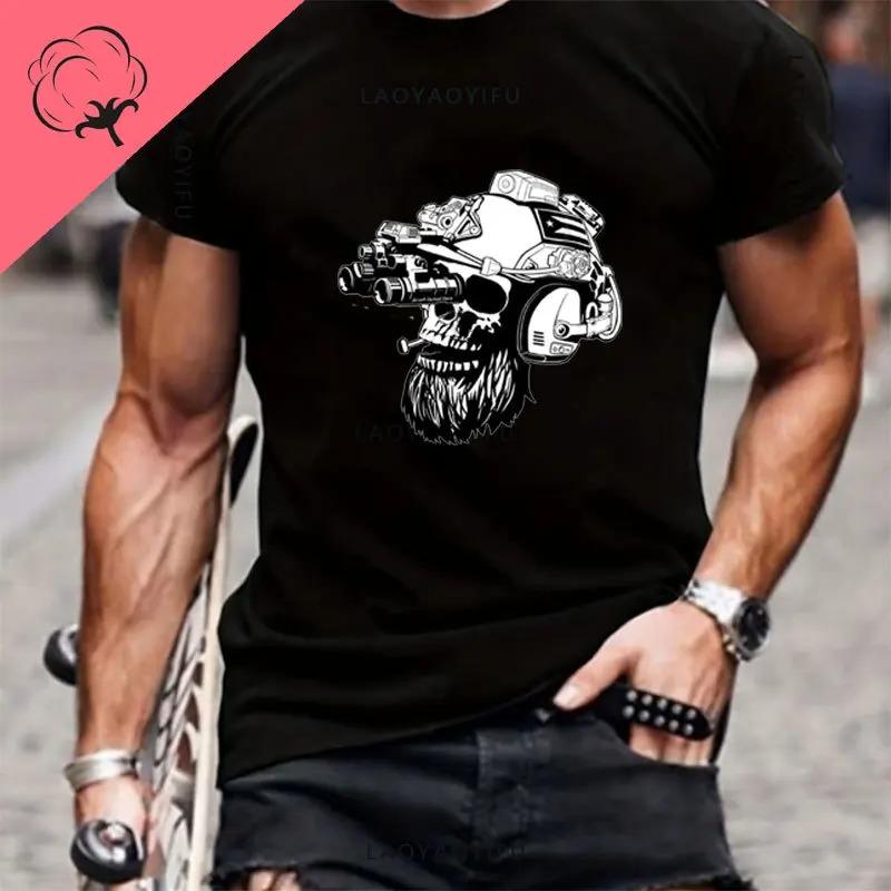 American Beard Warrior Tactical Skull Unisex T Shirt Til Valhalla Cotton T-Shirt Short Sleeve O-Neck T-shirt Casual Men’s Top