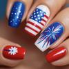 4th of July Press On Nail Square French Tip Fake Nail Independence False Nail with American Flag Star Stick On Nail