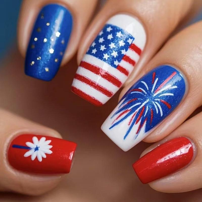 4th of July Press On Nail Square French Tip Fake Nail Independence False Nail with American Flag Star Stick On Nail
