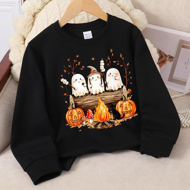 Kids Crewneck Sweatshirt, Cute Ghosts Camping with Pumpkins & Fire Print, Soft Casual Pullover for Fall Winter