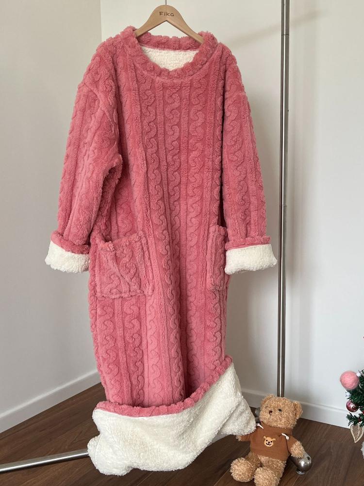 Super Thickened and Fleece Coral Fleece Jacquard Bathrobes Walking Large Blankets, Winter Pajamas, Warm Home Clothes and Nightgowns